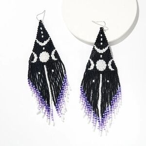 Handmade Black & Purple Beaded Fringe Moon Earrings